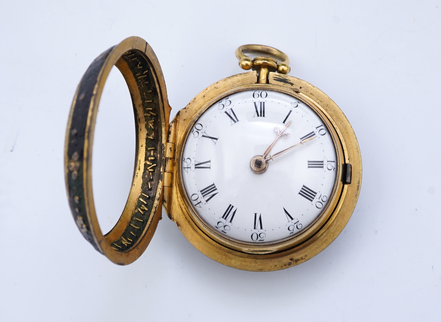 An 18th century gilt metal and leather pair cased key wind verge pocket watch by Samuel Adams, Bromley, Kent, circa 1770